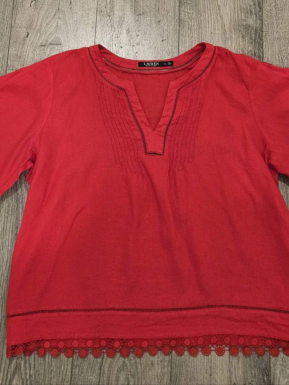 Lauren Ralph Lauren Red Linen Cottagecore Peasant Short Sleeve Blouse Sz. XL